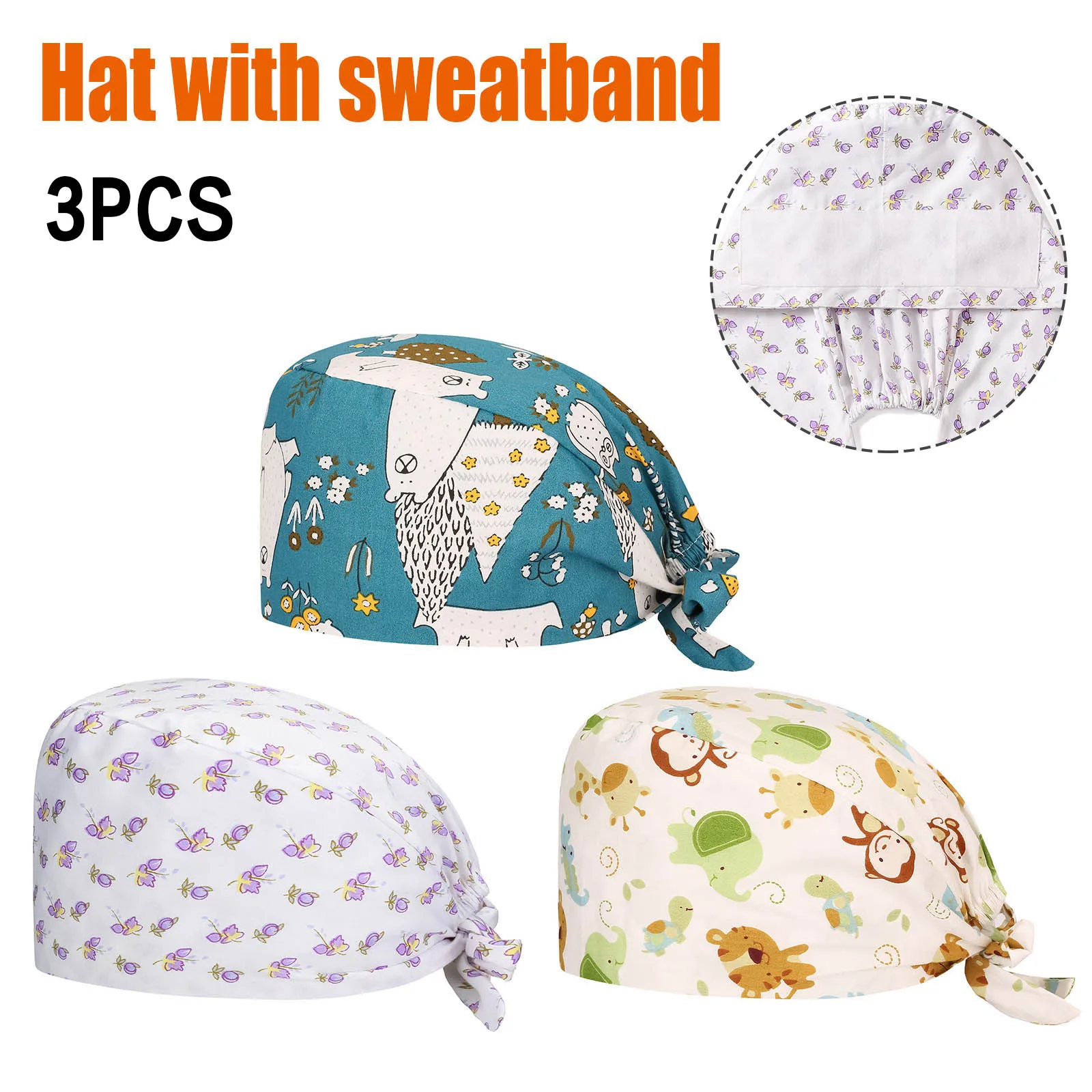 

3pc Womens Mens Hat Kawaii Monkey Elephant Print Frosted Hat With Buttons Bouffant Hat Dust-proof And Sanitary Nurse Work Cap