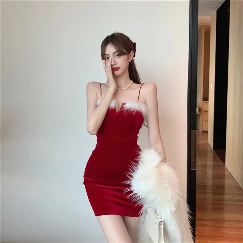 

Temperament autumn and winter fashion furry stitching sexy thin suspender skirt bottoming velvet dress