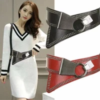 fashion punk rivet retro high quality pu women belt elastic oblique wide girdle female decorative dress overcoat waistband