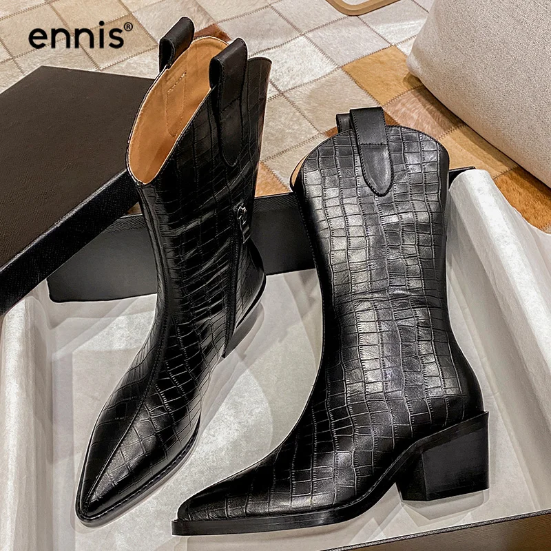 

ENNIS NEW Women's Mid Calf Boots High Heel Square Genuine Leather Crocodile Boots Pointed Toe Fashion Boots 2020 Black Shoes L7A