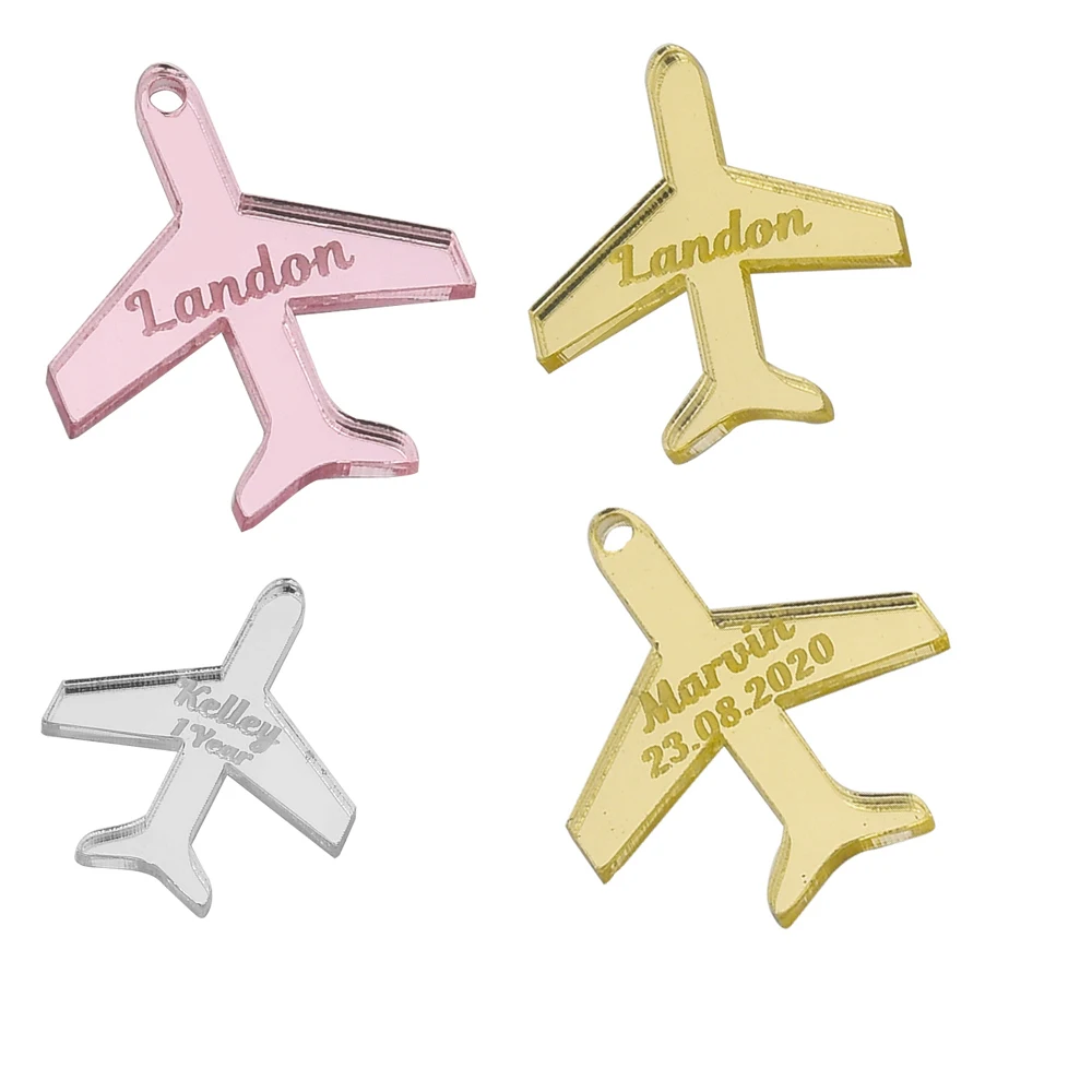 

50PCS Personalized Engraved Airplane Name Baby Tags Mirror Invitation Cards Chocolate Tag Party Baby Shower Guest Wedding Decor