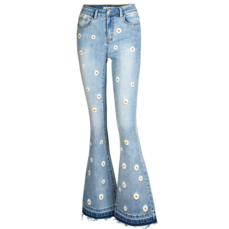 

Fashion Stree Tide Flare Pants All-Match Trousers Light Blue Daisy Embroidery Women Wide Leg Pants Cotton Mid-Waist Casual Jeans
