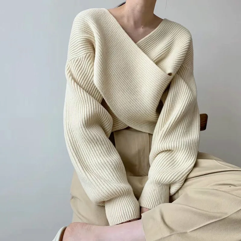 

Fashion V-neck Cross Women's Sweater Jumpers Streetwear Loose Knitwear Autumn Winter Solid Female Knitted Pullovers