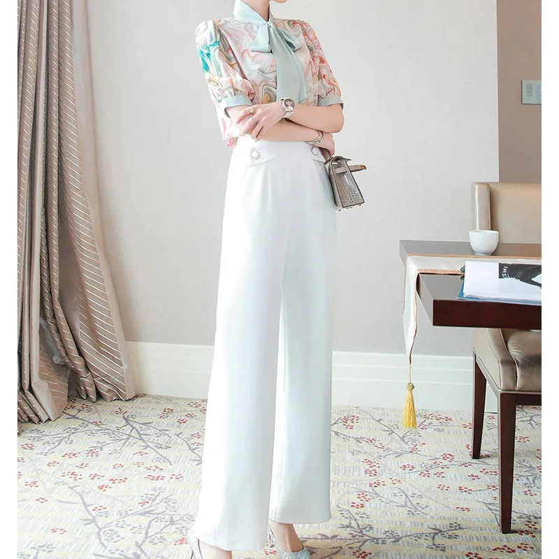 

Лето 2021 женская новая шифоновая рубашка с принтом и модные белые брюки