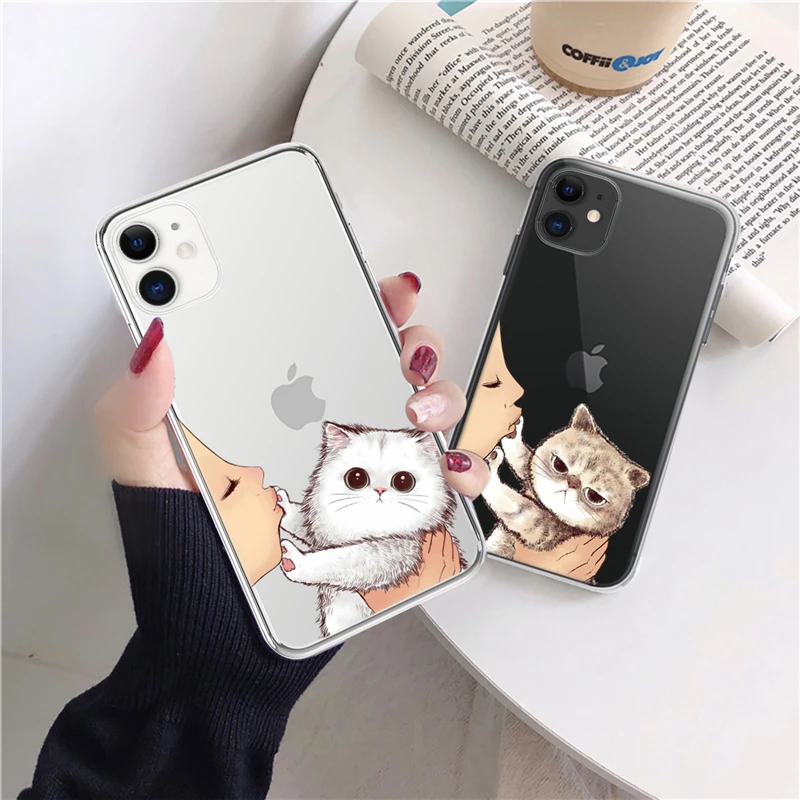 Cute Cat Phone Case For iPhone 13 12 11 14 Pro Max X XR XS Max 7 8 6 6s Plus 12 Mini 5 5S SE2020 Soft TPU Transparent Back Cover