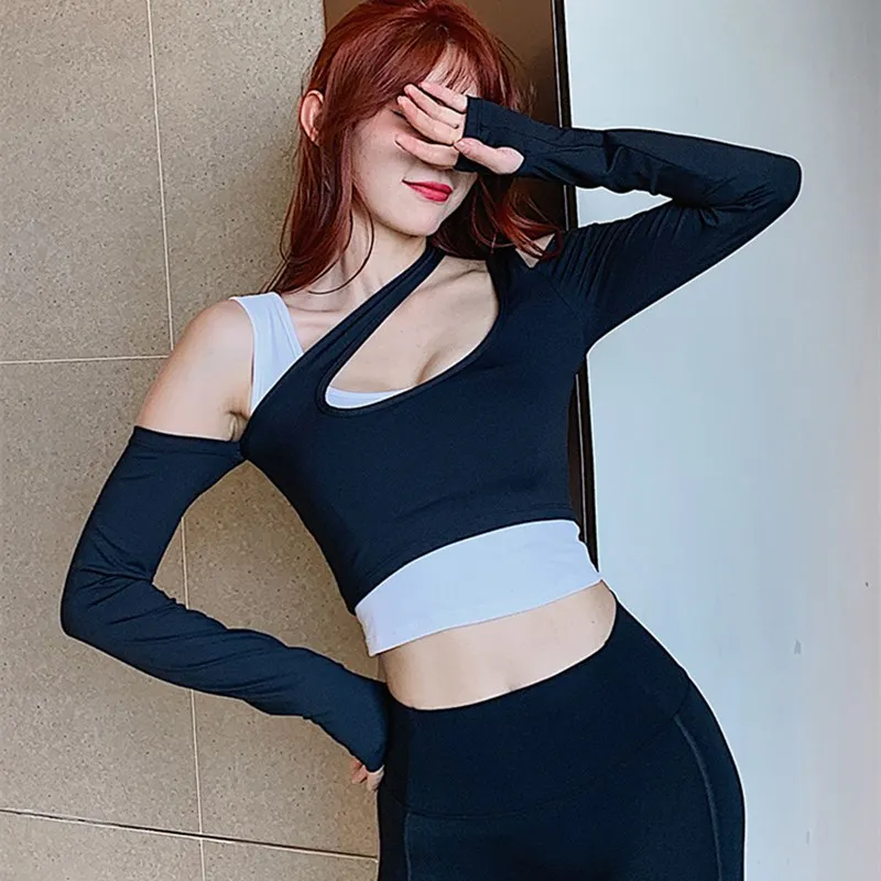 

Autumn Sexy Fake Two Long Sleeve Sports Wear For Women Gym Strapless Yoga Crop Top Fitness T Shirt Women's Workout Tee