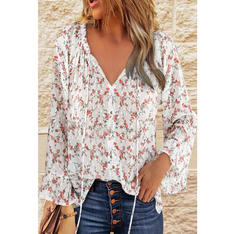 

Женская блузка с цветочным принтом, длинным рукавом и кулиской, летняя пляжная блузка в стиле бохо, повседневные свободные топы, пикантная б...