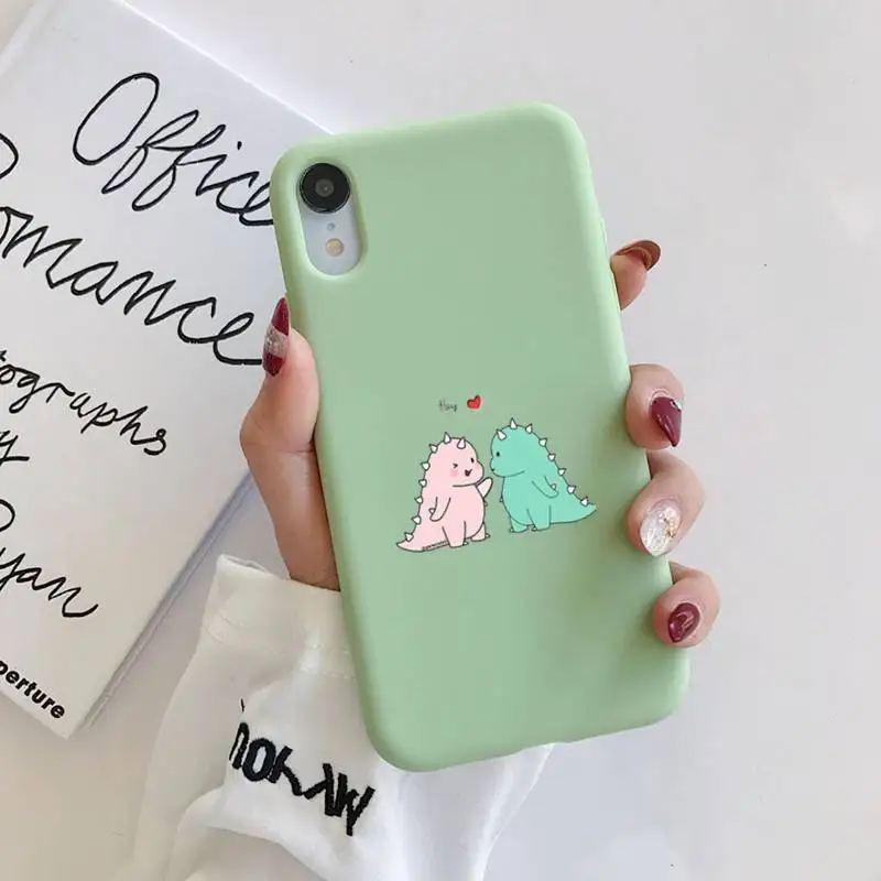 

Cartoon Dinosaur Phone Case Original Liquid For iphone 11 Pro Max X XS Max XR Solid Candy Color Shell For iPhone 7 8 6 6S Plus