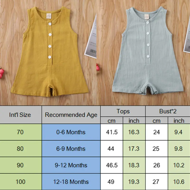 

Newborn Baby Boy Girl Sleeveless Button Romper Cotton Solid Bodysuit Sunsuit Summer Outfit Set Clothes 0-18M