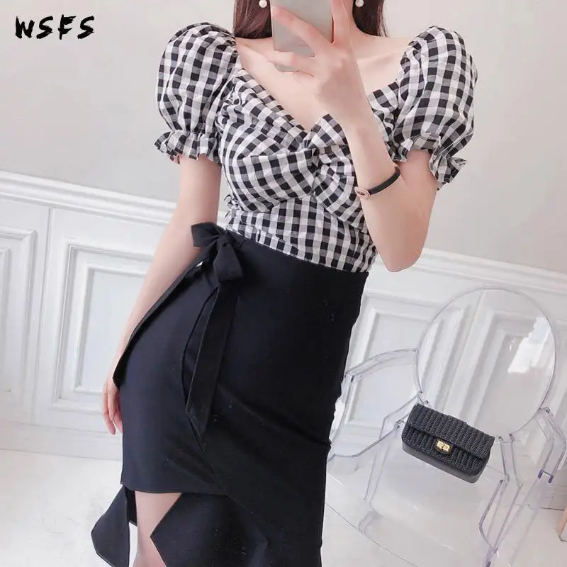 

2 Piece Set Summer Dresses Black Plaid Tops Bandage Bodycon Women Dress Asymmetrical Skirt Elegant Vintage Sexy Party Clothes