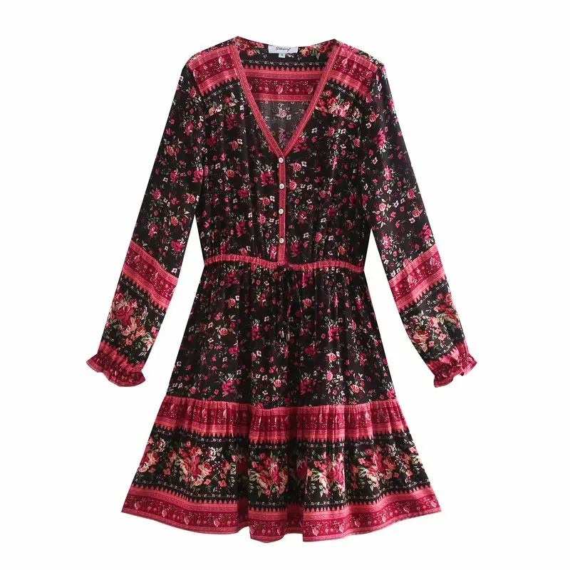 Женское винтажное платье в стиле хиппи зеленое богемное мини-платье с цветочным