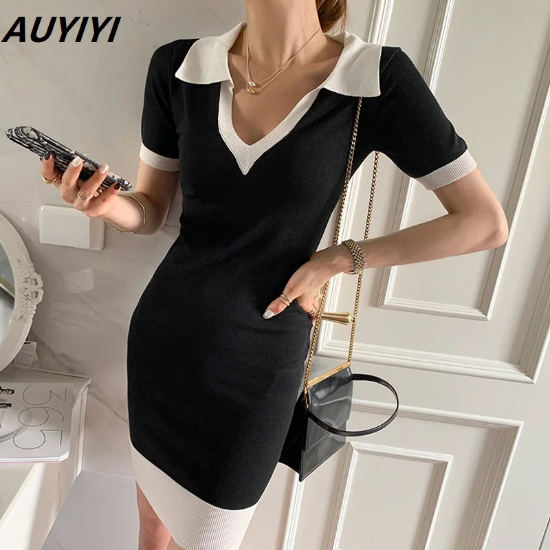 

AUYIYI 2021 Summer Fashion New Product Thin Ice Silk Knitted Lapel Color Matching Dress Wild Thin Waist Skirt