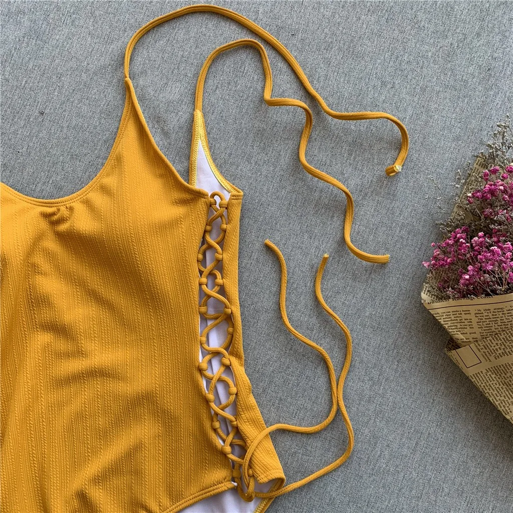 

Lace Up Sexy Bikini 2020 Push Up Swimsuit Female Monokini String Yellow Swimwear Women Suits Swim Suit Maillot De Bain Femme