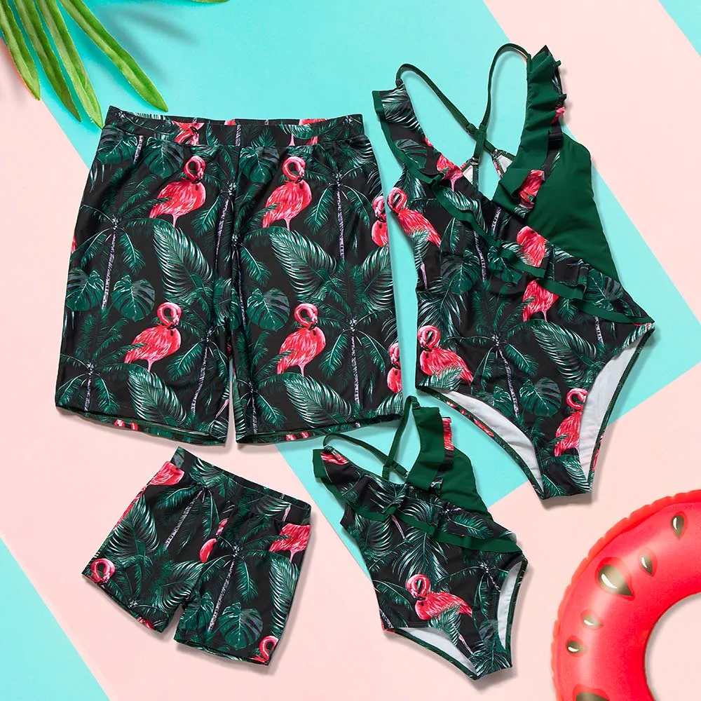 Flamingo Family Matching Swimsuits Outfits Mother Daughter Swimwear Mommy and Me Bikini Dresses Clothes Dad Son Swimming Shorts