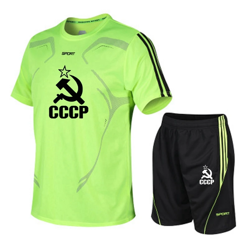 

New 2021Summer Men's short sleeve Unique CCCP Russian USSR Soviet Union Printed High Quality Cotton T-Shirt Pants Suit 2Pc