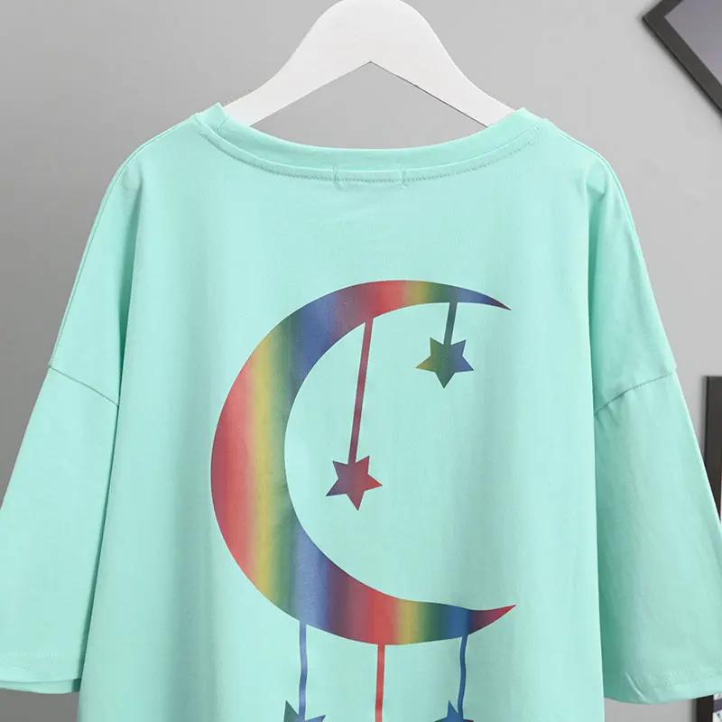 

2021 Summer Korean Cotton Short Sleeve T-shirt New Fashion Ins Hong Kong Style Top Reflective Loose-Fitting Plus Size Lady Tee