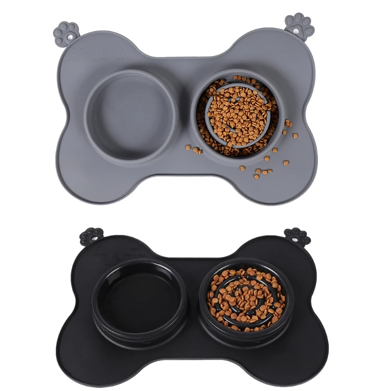

Creative Bone Shape Double Dog Bowl Slow Eating Choking Prevention Anti Leakage Feeder with Non-Slip Bottom Pad Cat Dog