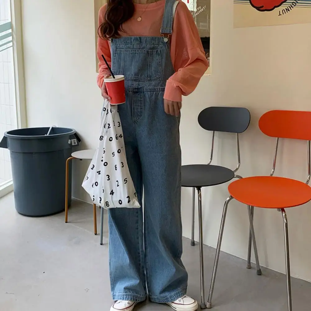

Denim Jumpsuit Jeans Fashion Female Romper Overalls Metal Buckle Strap Pockets Loose Sleeveless Straight Jumpsuit Streetwear