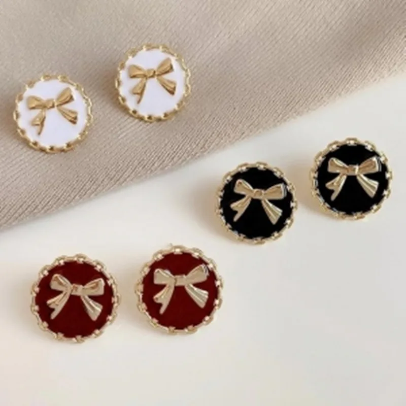 

Simple Elegant Black Red Glaze Enamel Vintage Stud Earrings For Women Geometric Bowknot Round Earrings Female Jewelry