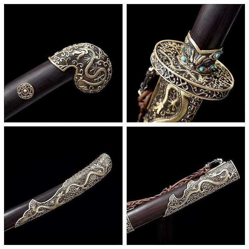 

High-grade Chinese qing dao ebony sheath hand-carved pure copper fittings, 100-year-old patterned steel covering soil and burnin