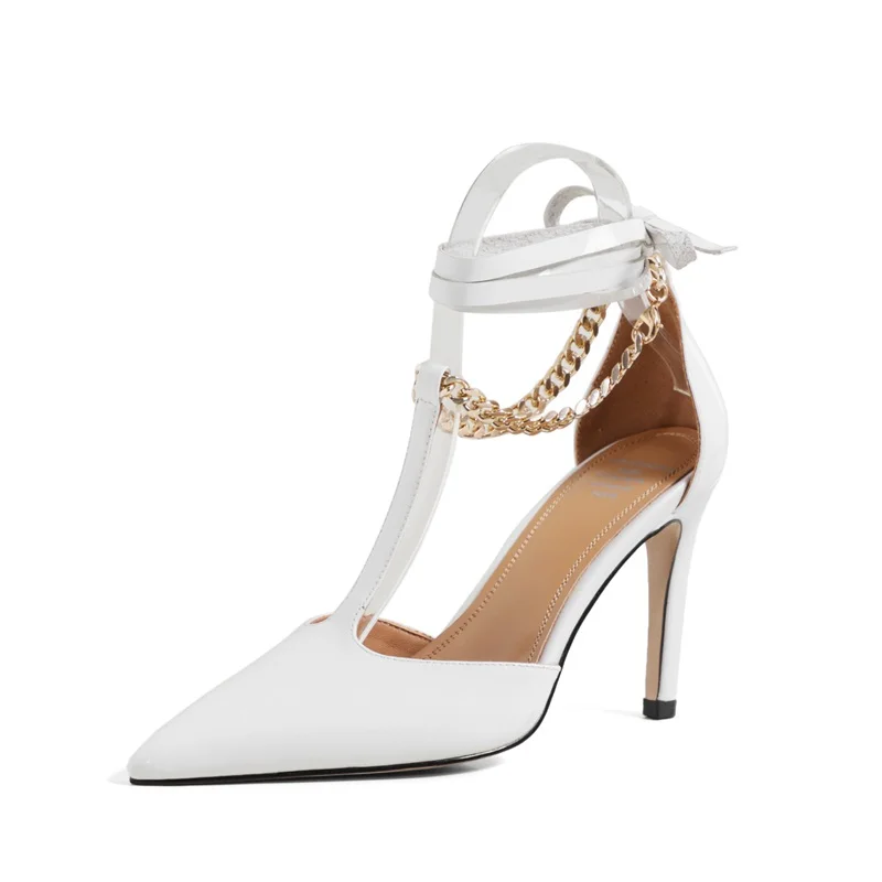 

New Sexy Women Pumps Genuine Leather Thin High Heels Pointed Toe Rome Style Lace Up Black White Dress Party Wedding Shoes 34-41