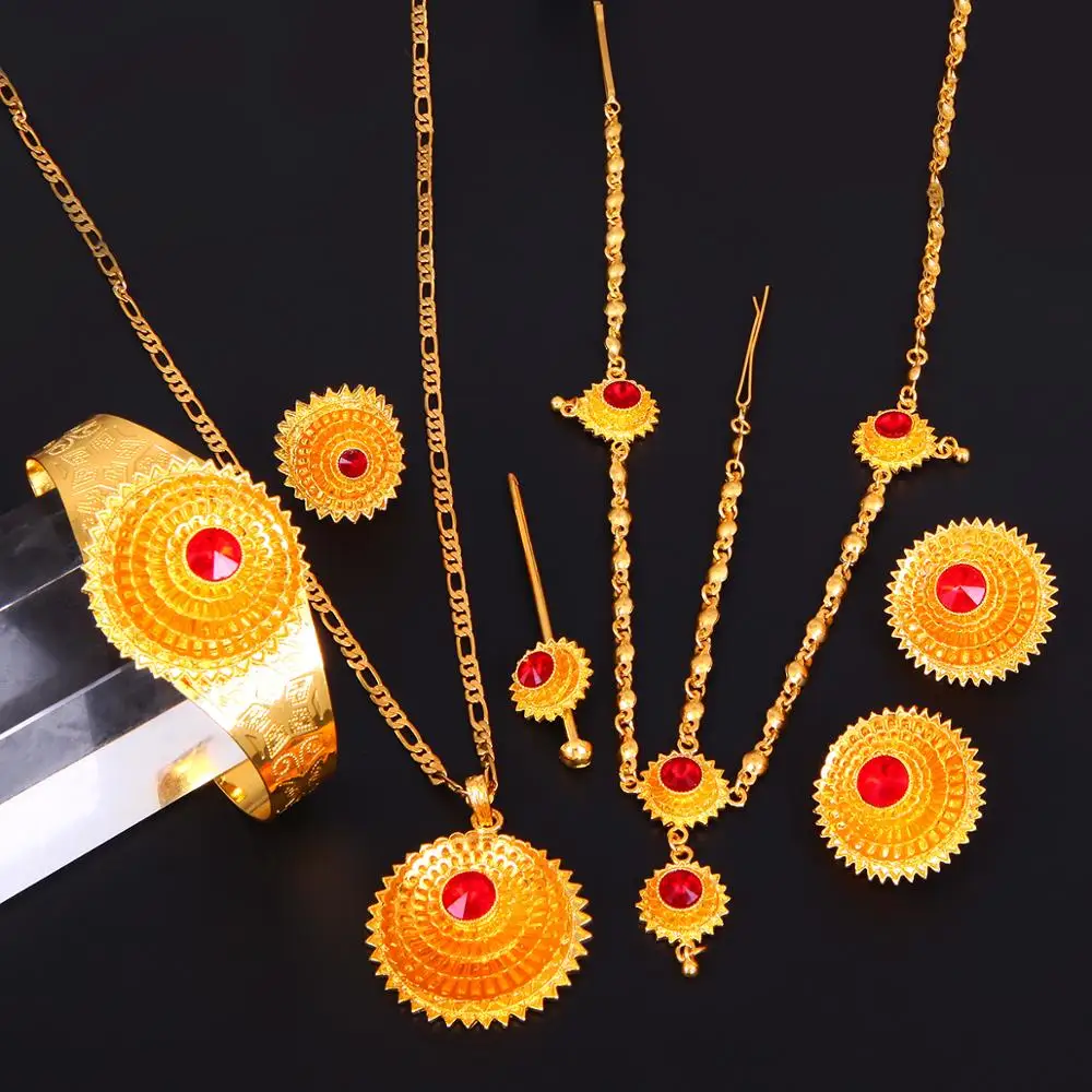 Hair Piece Pendant Necklace Earings Ring Hair Pin Bracelet Eritrea Africa Women Wedding Jewelry Set