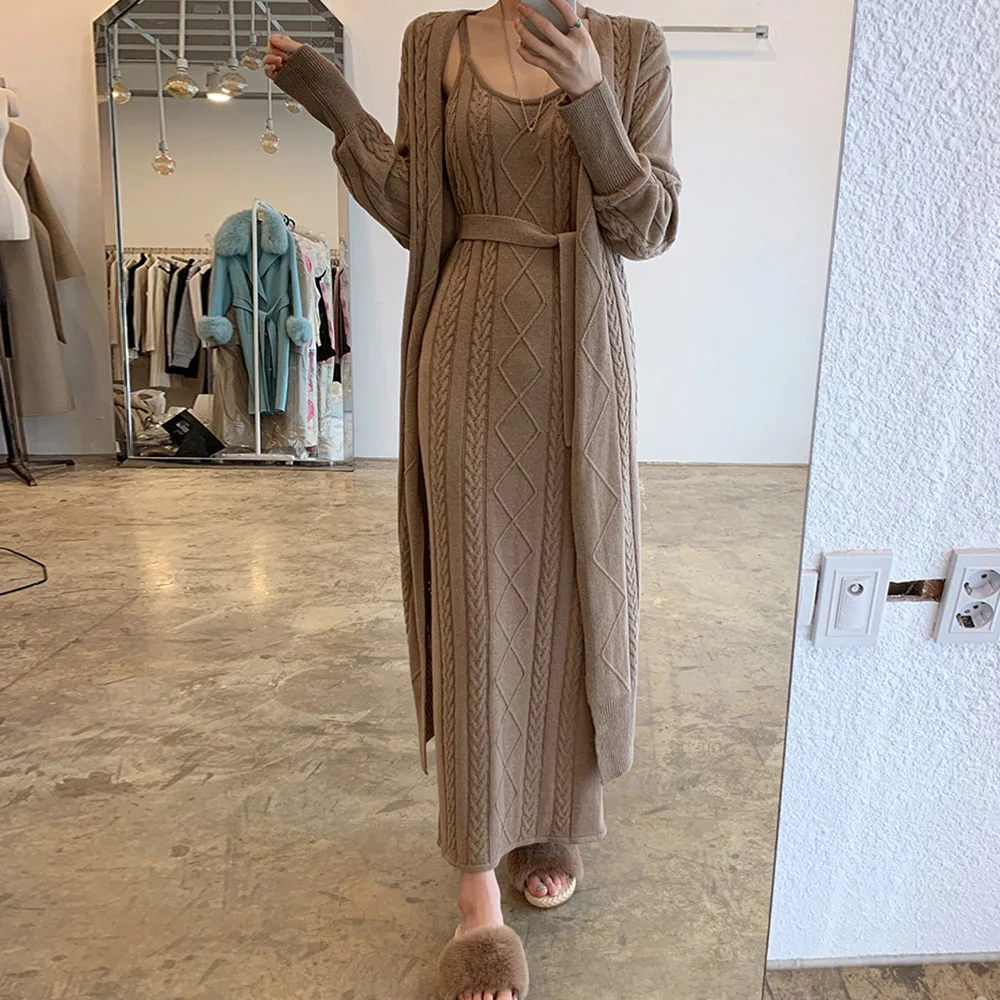 

Autumn Winter Fashion Sweater Dress Suit Open Front Long Knitted Cardigans Sleeveless Knitting Dress Two Piece Set With Belt