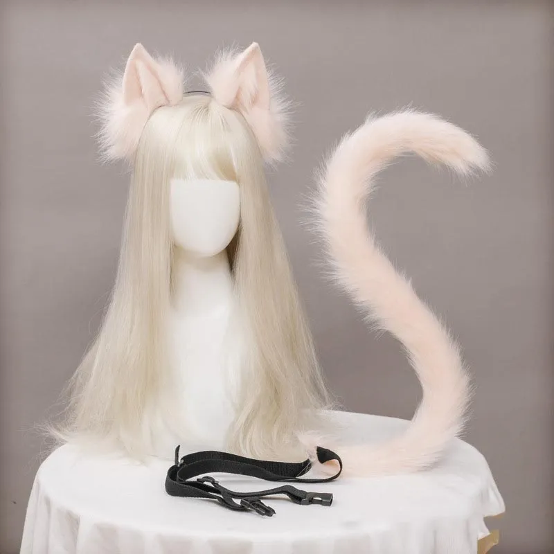Bando Lolita Realistis Telinga Kucing Lembut Aksesori Cosplay Ekor Kucing Aksesori Buatan Tangan Hewan Simulasi Telinga Halloween Kawaii