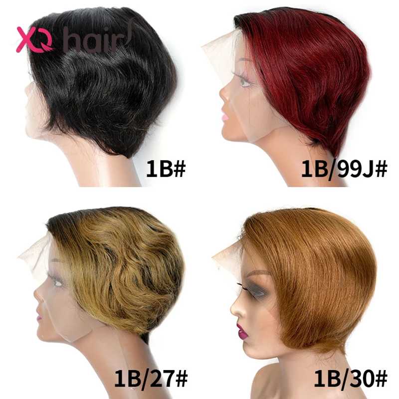 Короткая парикмахерская парик-каре XQ из малайзийских прямых человеческих волос с кружевным передним краем 13X6x1 HD прозрачные реми предварительно разрывает.