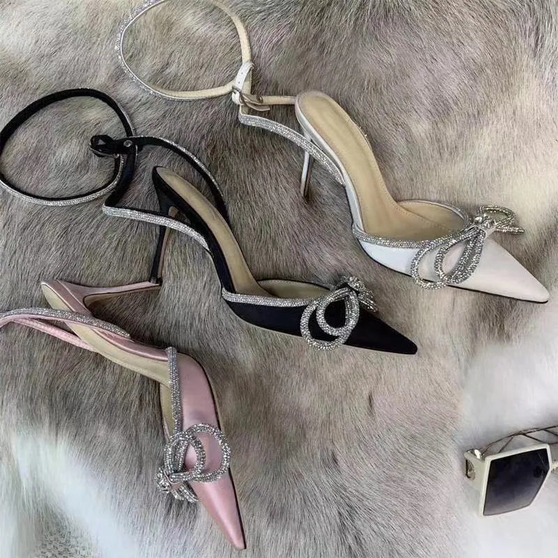 

bow 2020 new bandage high-heeled Rhinestone fashion Satin sandals slim heel pointed bow women's sandals