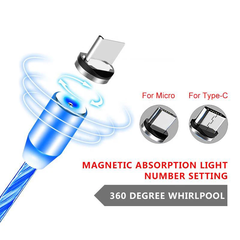 2.4A быстрой зарядки струящийся свет кабель с разъемом Micro USB Type C Магнитный для Samsung
