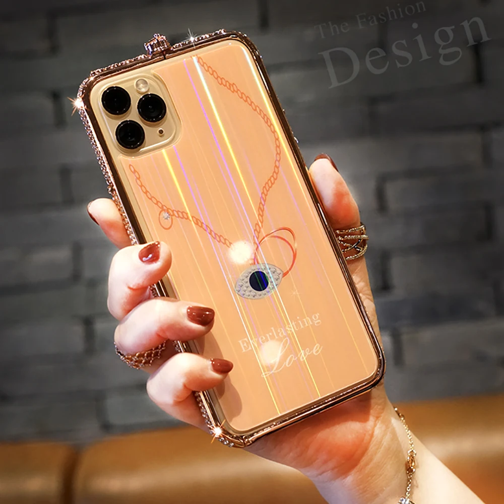 

Diamond Bling Color Heart Border&Aurora BackGlass For iPhone 12 11 Pro Max XS Max XR X 7 Xsmax 6 6s 8 Plus Drill Case Bumper