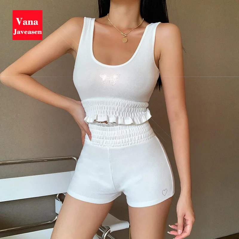 

Two-piece Women Clothes Set White Cotton U-neck Vest Crystal Butterfly Pattern Ruched Sexy Crop Tops Elastic Waist Skinny Pants