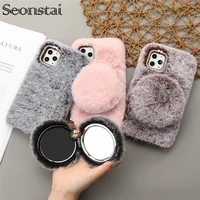 cute plush warm fur mirror phone case for iphone 11 pro x xs max xr 6 s 6s 7 8 plus rabbit furrt back stand cover for girl woman