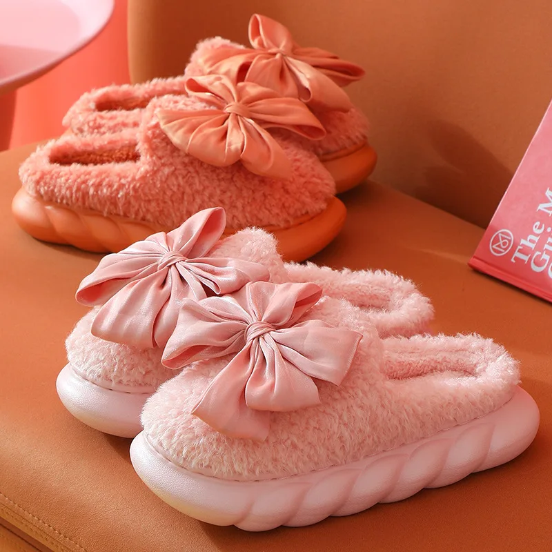 

Winter Women Home Furry Slippers Hairy Warm Short Plush Platform Pink Shoes Cute Bowknot Cotton Slides Fluffy Faux Fur Slippers