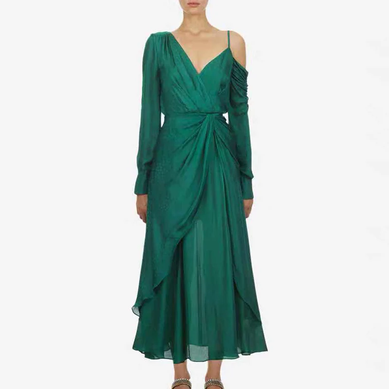 green TWOTWINSTYLE Повседневное платье с принтом для женщин асимметричный воротник с открытыми плечами Высокая талия летние платья для женщин модная новинка - Цвет: green