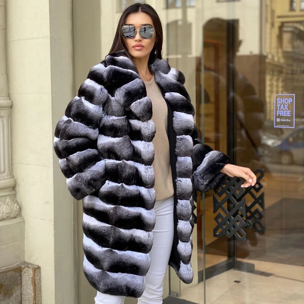 Fashion Long Women Real Fur Coats Winter Fashion Chinchilla Color Rex Rabbit Fur Coat with Turn-down Collar Luxury Fur Overcoats