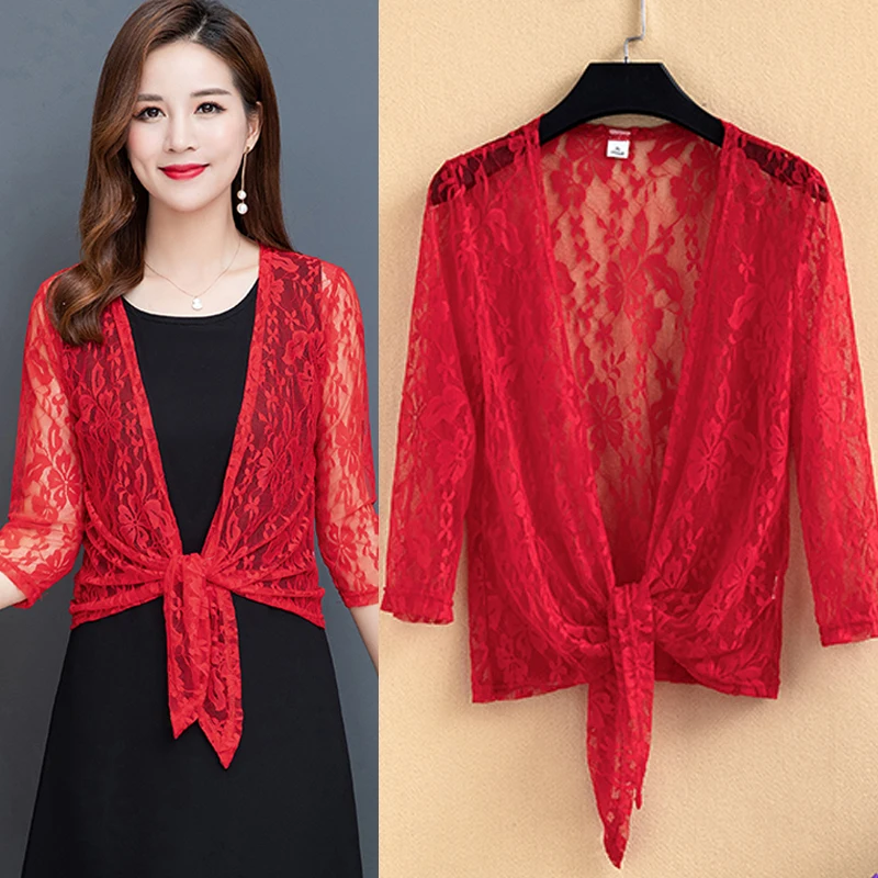 3/4 Sleeve Crop Shawls Women Bolero Open Front Shrugs White Black Pink Red Lace Bolero Wedding Jacket Cardigan Bride Wraps