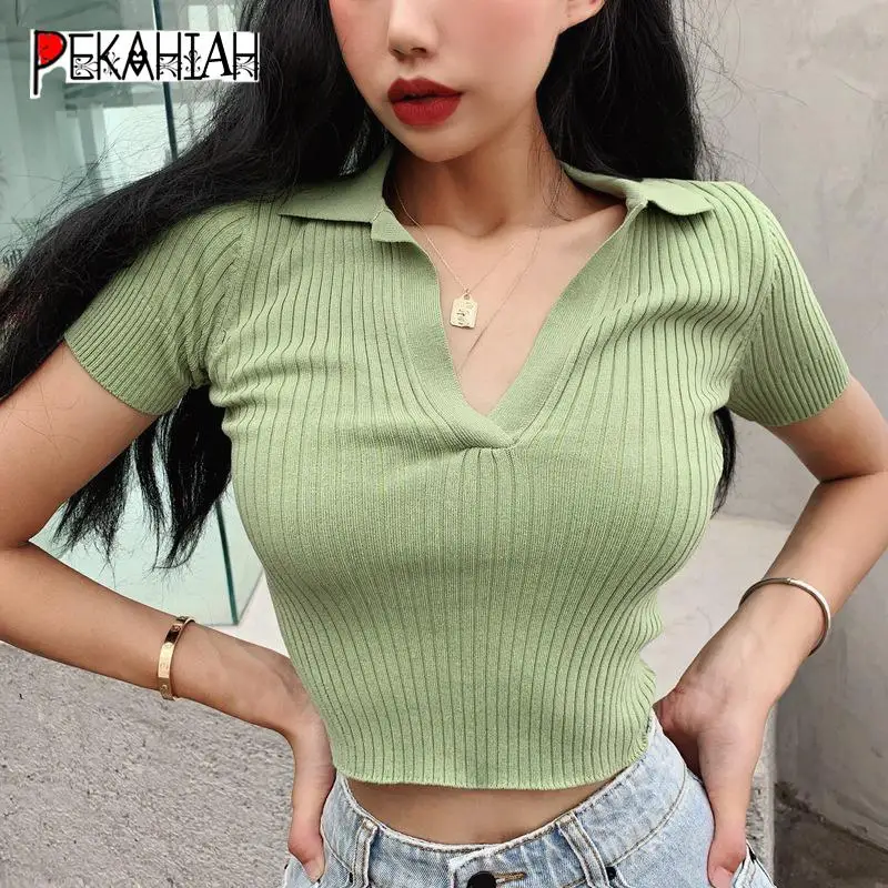Винтажная зеленая белая рубашка поло женская укороченная футболка с коротким