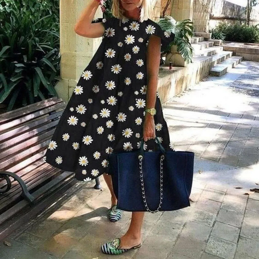 Женское винтажное платье с цветочным принтом свободное ТРАПЕЦИЕВИДНОЕ ПЛАТЬЕ