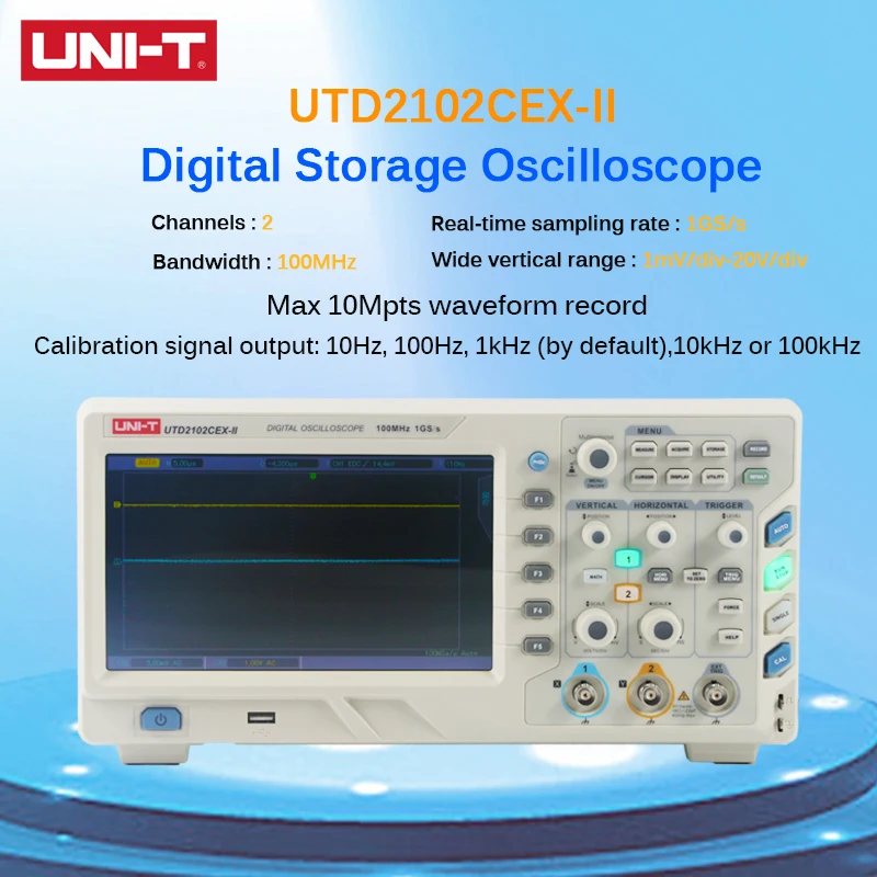 

UNI-T UTD2102CEX-II Digital Storage Oscilloscope 8 Inch TFT LCD WVGA USB 100MHz 2 Channels 100-240VACrms 1GS/s sampling rate