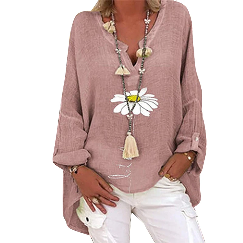 

5XL Casual Women V Neck Linen Cotton Blouse Shirt Elegant Daisy Print Female Tops Spring Autumn Long Sleeve Loose Blusa Pullover