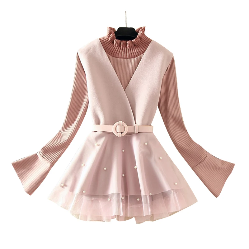 

two pieces women blouse sets v-neck ruffles lace vest and turtleneck flare sleeved knitted sweaterts suits female top quality