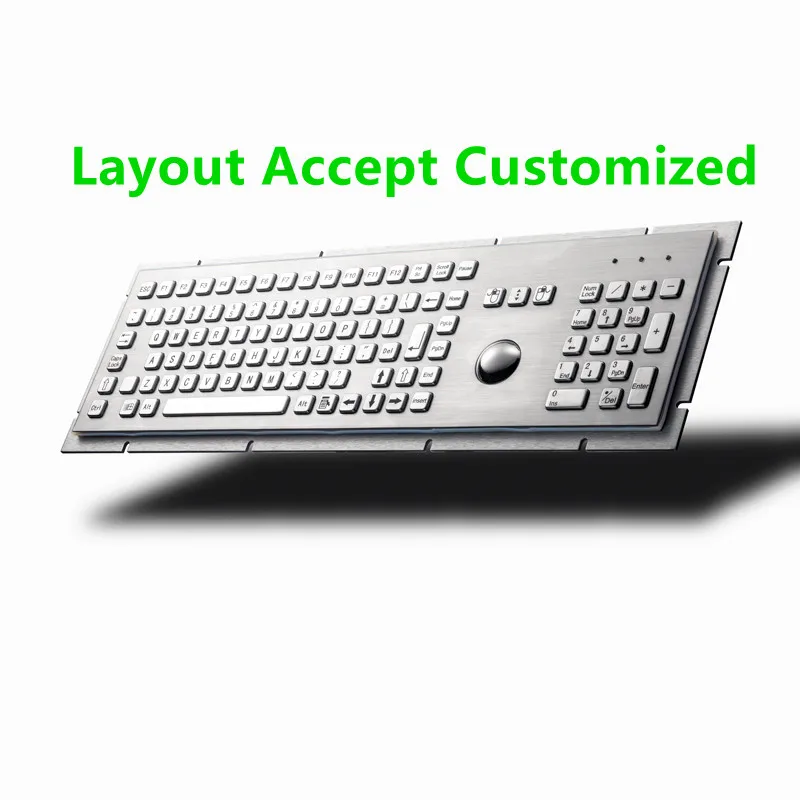 Full Size 107 Keys Industrial Metal Stainless Steel Keyboard with Trackball Mouse  and Numeric Keypad