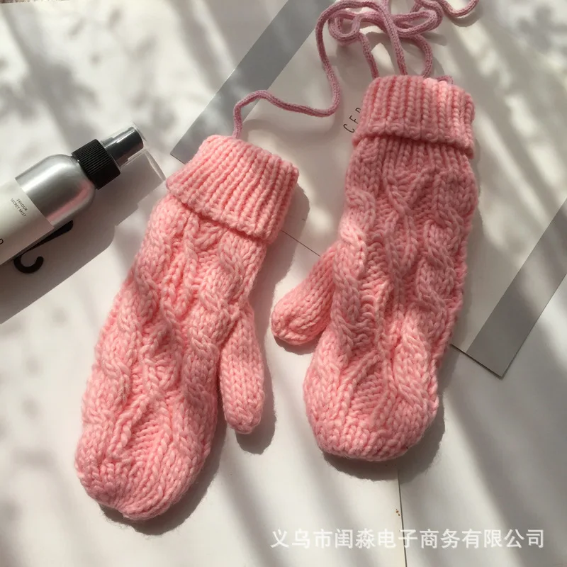 pink Женские однотонные шерстяные вязаные перчатки без пальцев на шее, зимние теплые утолщенные женские перчатки, милые варежки - Цвет: pink