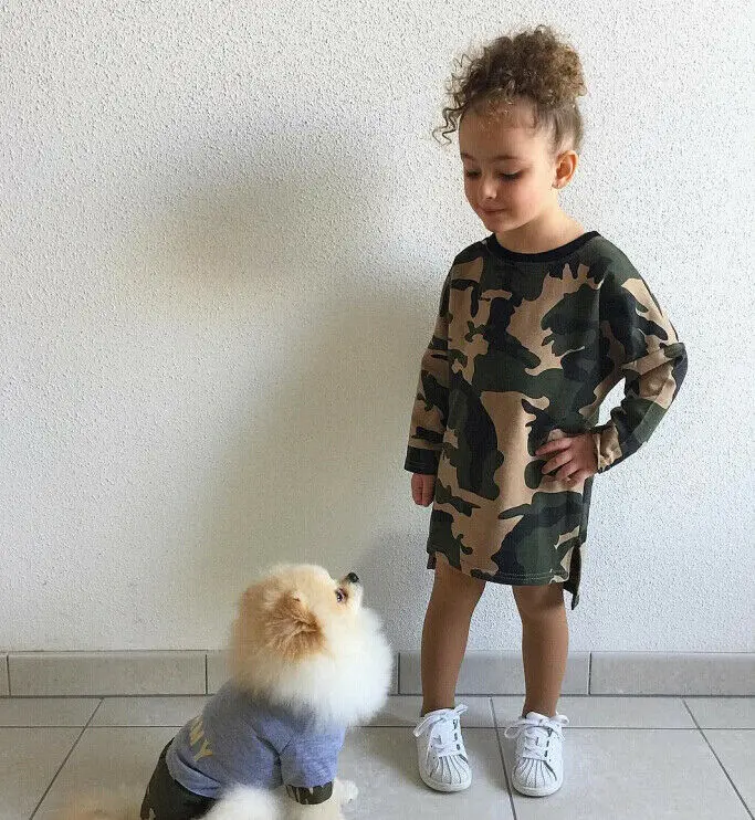 От 1 до 6 лет детское ТРАПЕЦИЕВИДНОЕ камуфляжное платье с длинными рукавами для