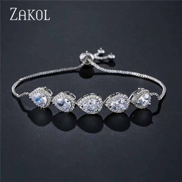 Rhodium plated ZAKOL, браслет из белого золота с регулируемой цепочкой, браслет с кубическим цирконием, браслеты и браслеты для женщин, ювелирные изделия FSBP2094 - Окраска металла: Rhodium plated