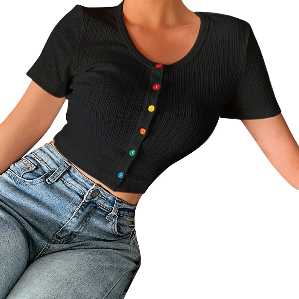 

Women's Sexy Crop Top Sweetwear Button T-shirts Knitted T-shirt Slim Tops Female Clothes