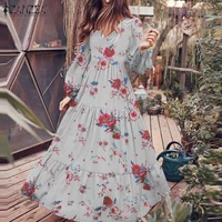 womens autumn long dress vintage floral printed vestidos fashion puff sleeve robe femme zanzea v neck ruffle dress