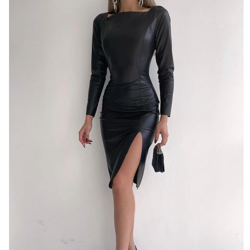 

Wepbel Sheath Bodycon Mini PU Dress O-neck Slim-Fit Leather Slit Dress Women Long Sleeve Black High Waist Clubwear Dress